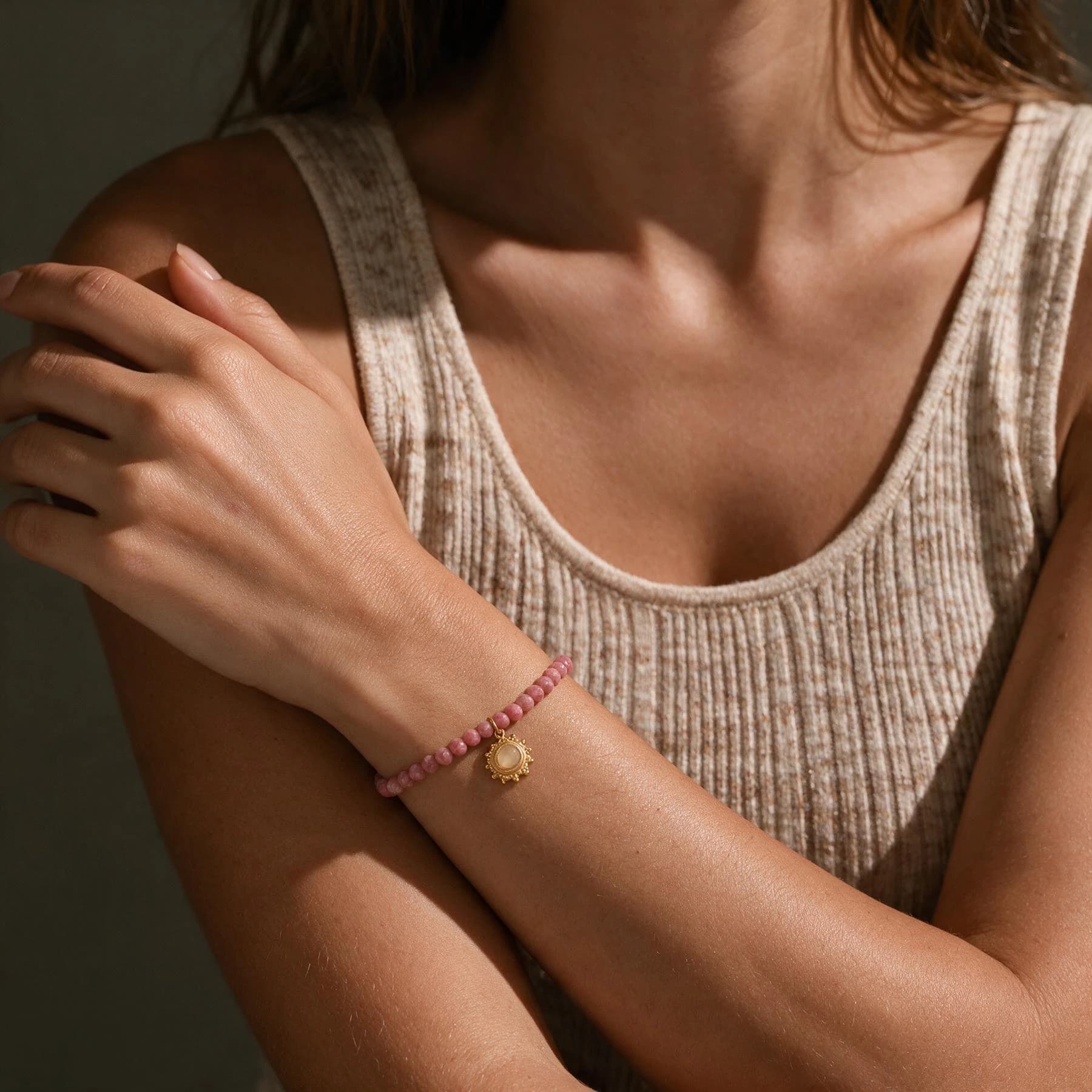 Rhodochrosite Beaded Sun Charm Bracelet — view 2 of 4