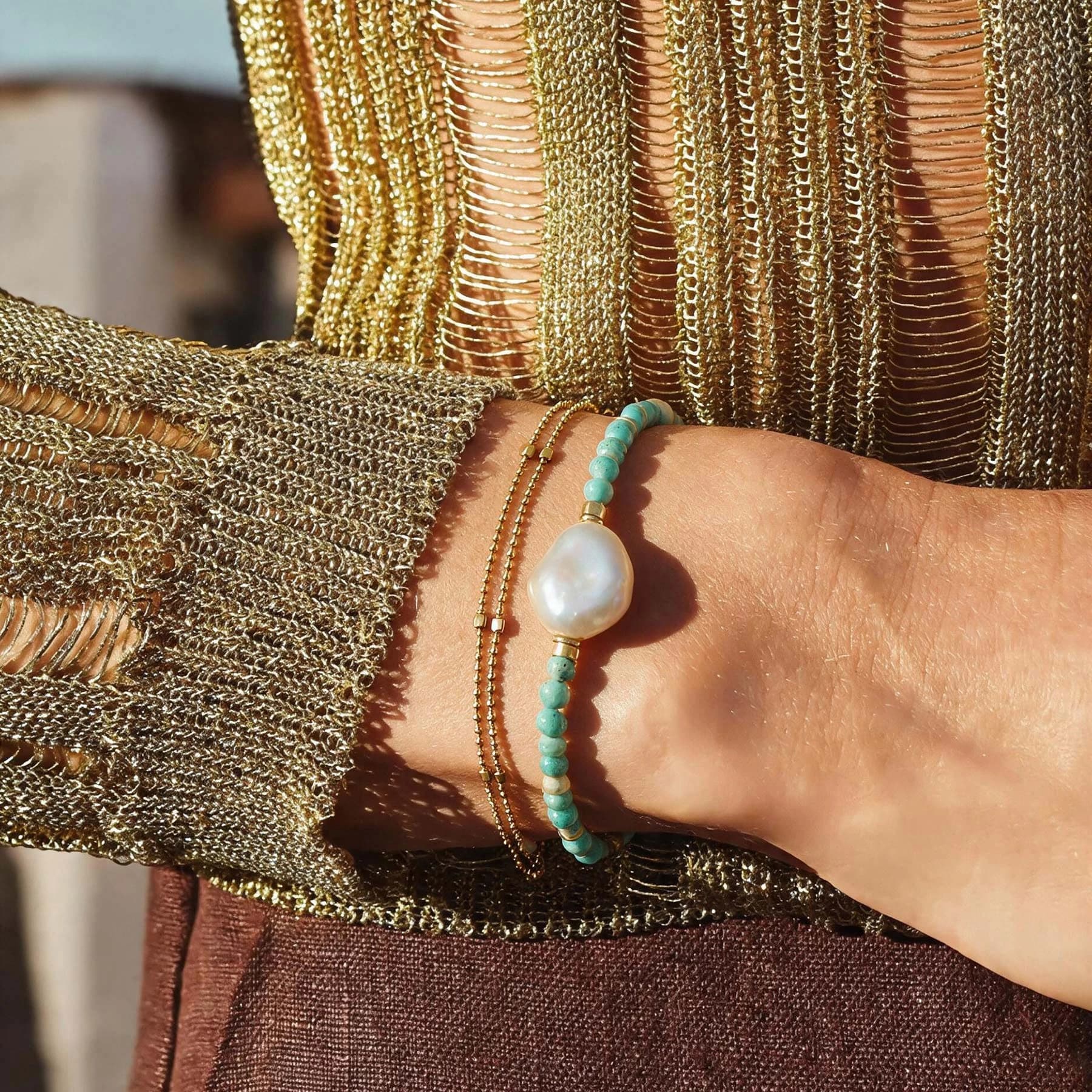 Turquoise Pearl Bracelet With Gold Chain — view 2 of 5