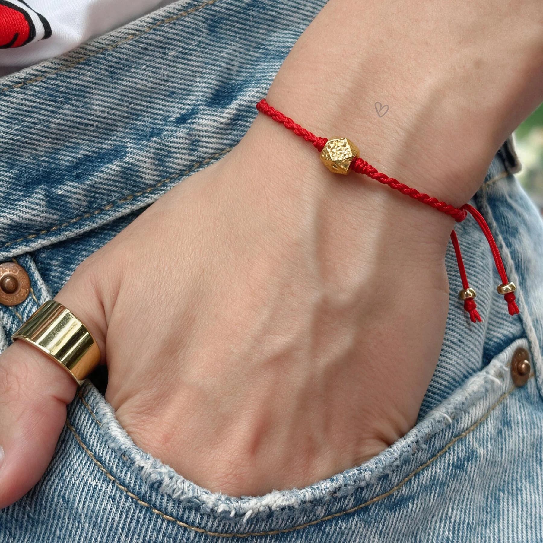 Gold Plated Copper Hexagon Red String Bracelet — view 2 of 5