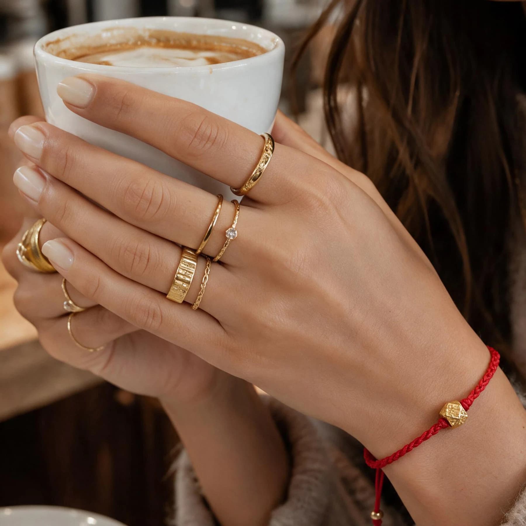 Gold Plated Copper Hexagon Red String Bracelet — view 3 of 5