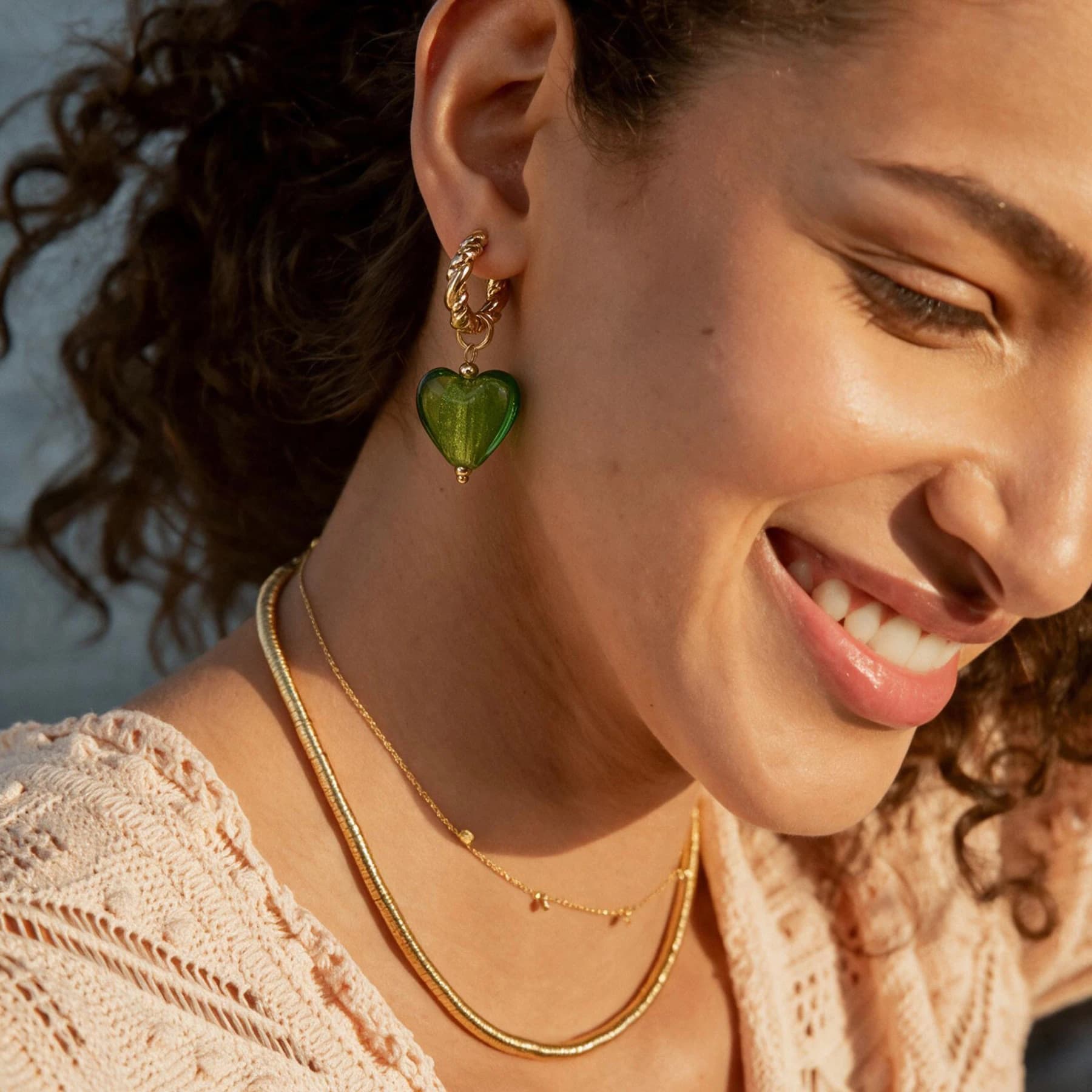 Gold Plated Glass Heart Hoop Earrings — view 2 of 5