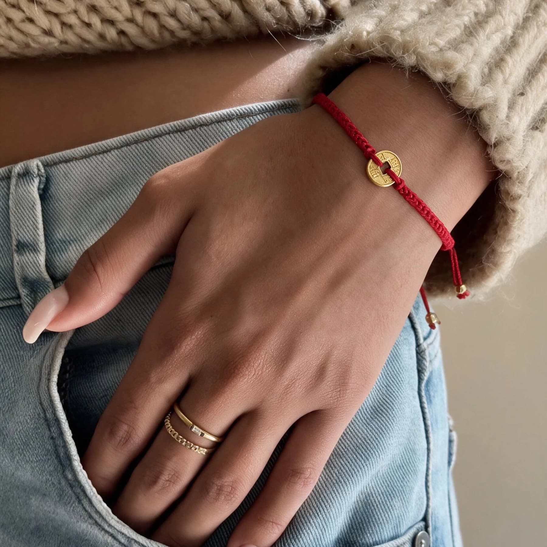 Red String Gold Plated Coin Bracelet — view 2 of 5