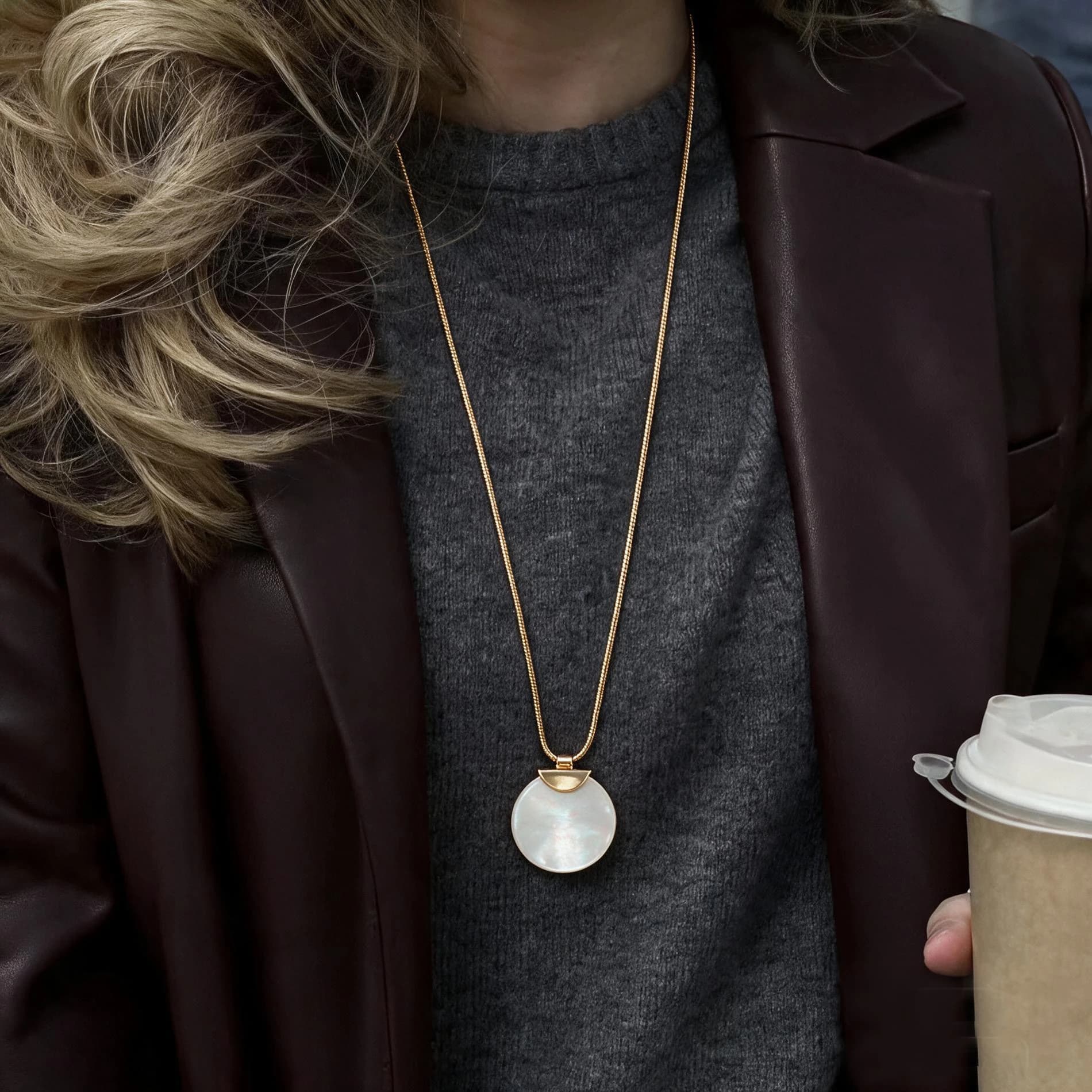 Gold Plated Mother Of Pearl Shell Pendant Necklace — view 3 of 4