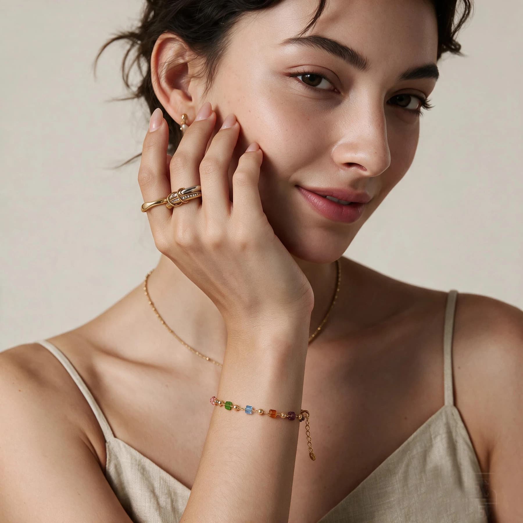 Multicolor Beaded Gold Chain Bracelet — view 3 of 4