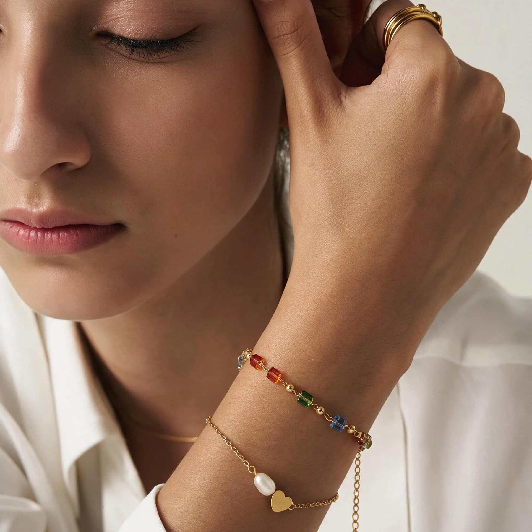 Multicolor Beaded Gold Chain Bracelet — view 2 of 4