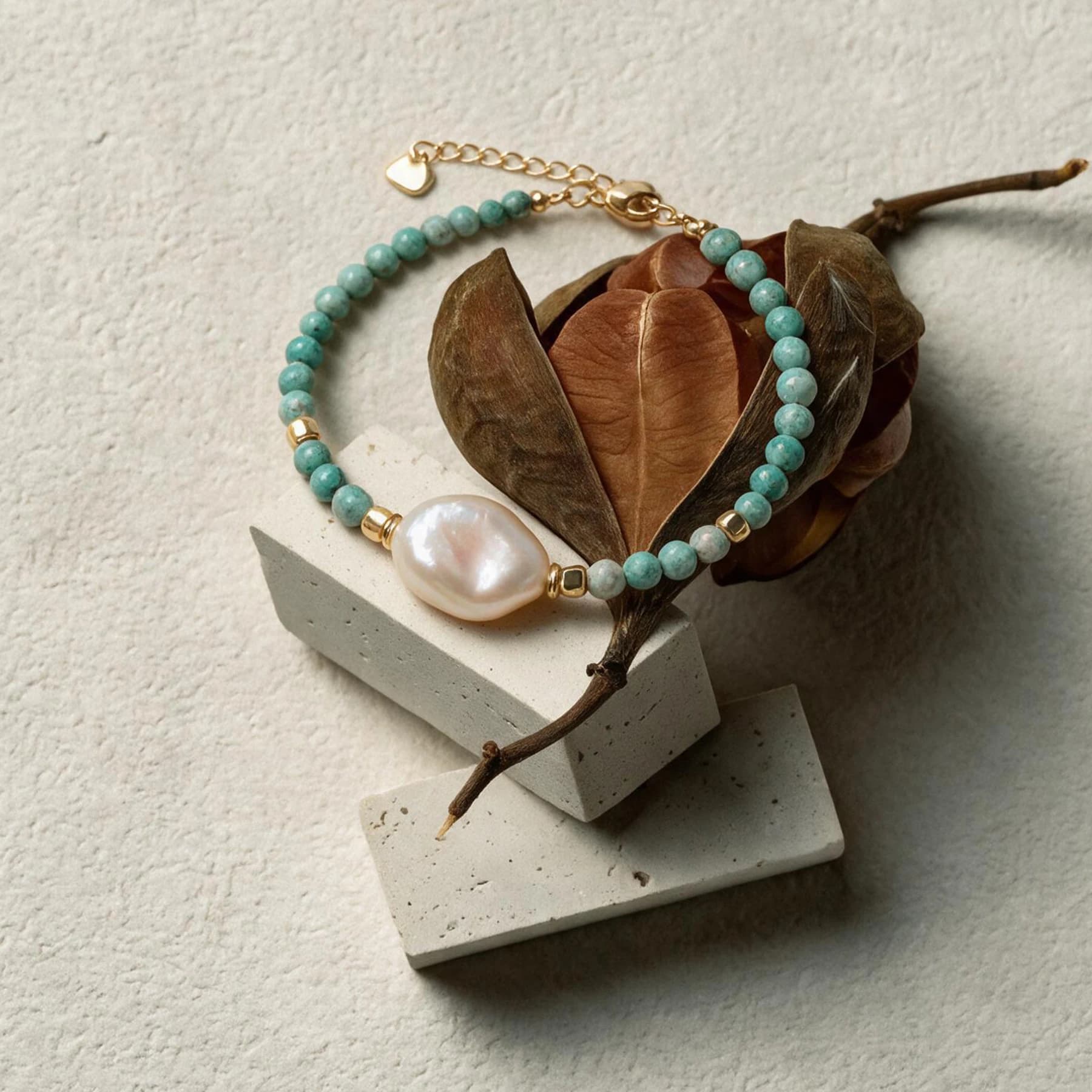 Turquoise Pearl Bracelet With Gold Chain — view 4 of 5