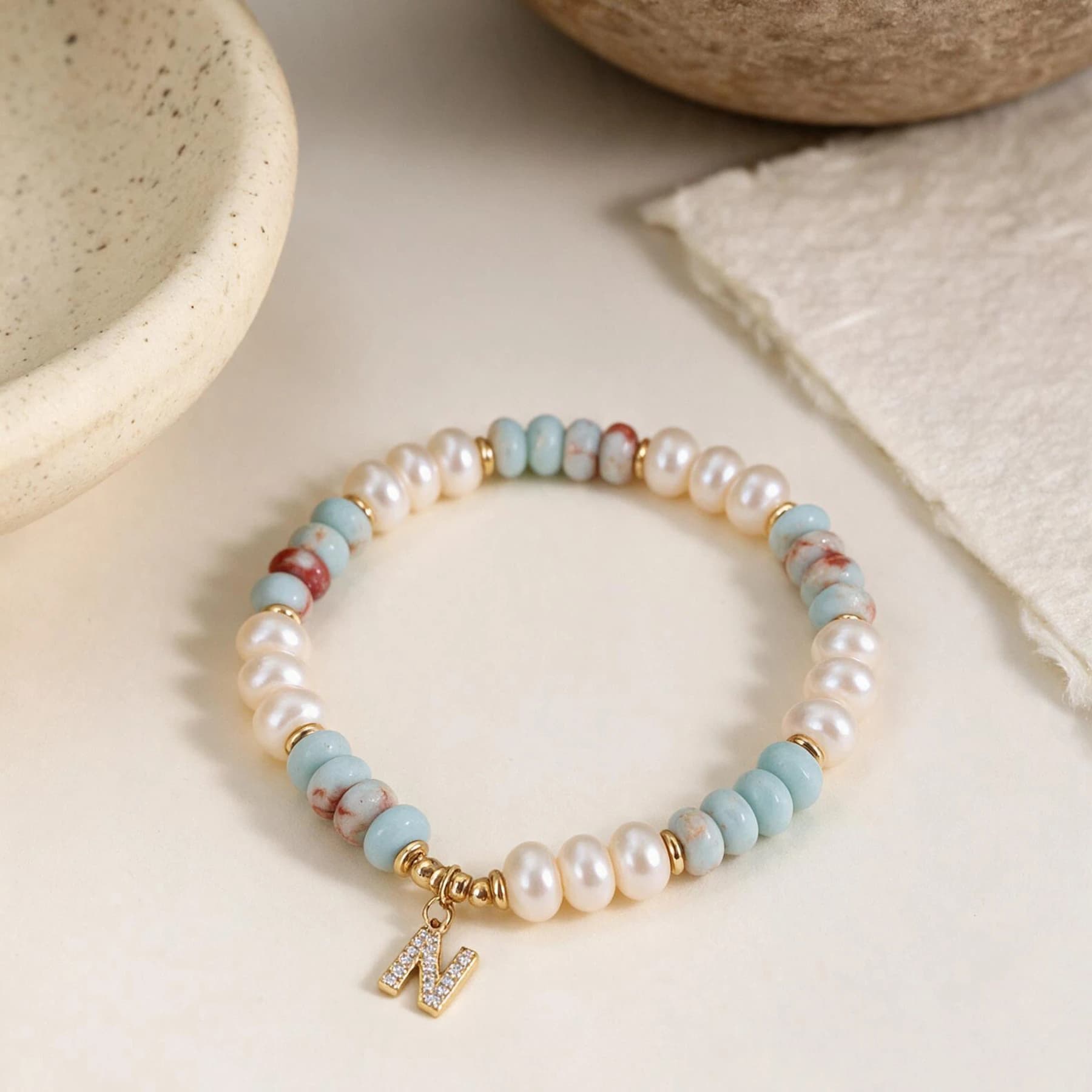 Shoushan Stone Pearl Letter Charm Bracelet — view 4 of 5