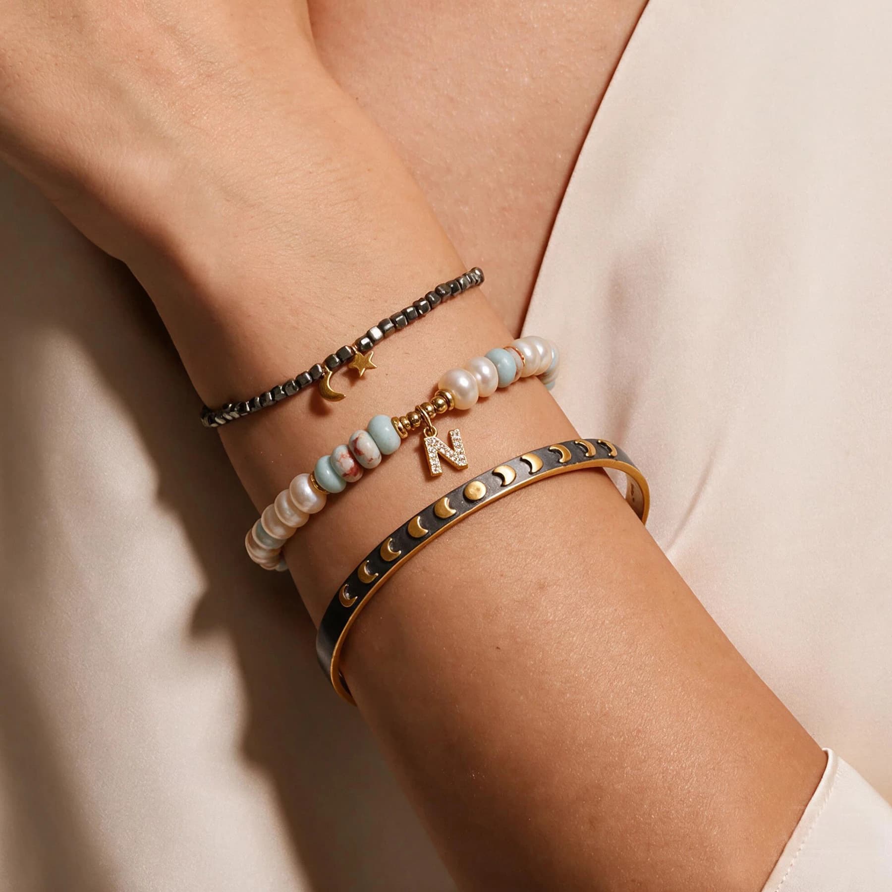 Shoushan Stone Pearl Letter Charm Bracelet — view 3 of 5